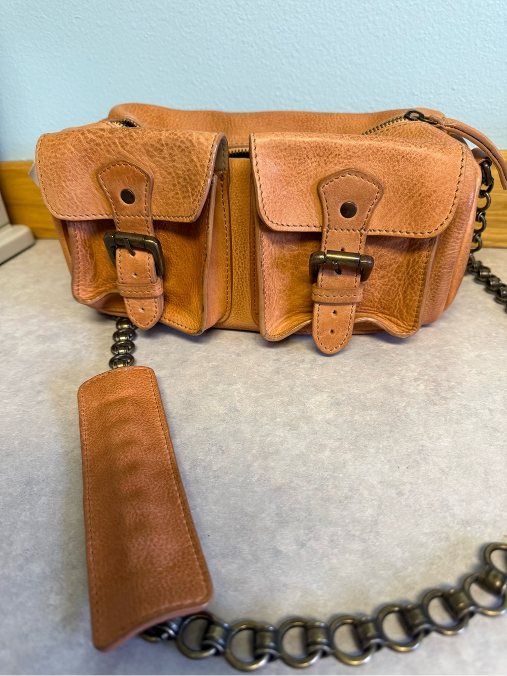 Free People Tan Leather Utility Crossbody Bag Dual Pocket Heavy Duty Chain Strap